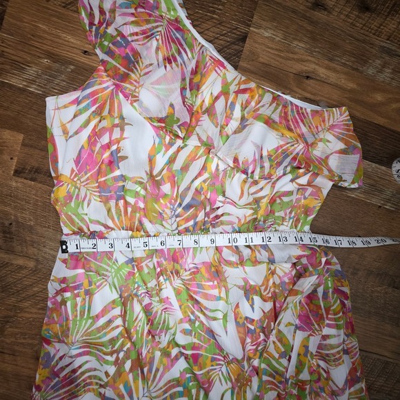 One Shoulder Maxi Dress M Tropical Summer Resortwear Belt Chiffon Wedding Guest - Picture 10 of 12